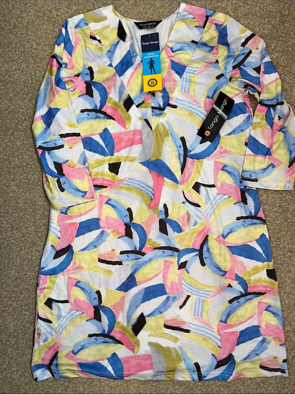 Tango Mango Colorful Abstract V-Neck Dress UPF50 sun protection new